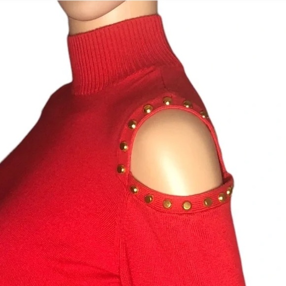 Michael Kors Red Holiday gold studded mock-neck cold shoulder Sweater L luxury - Picture 2 of 11